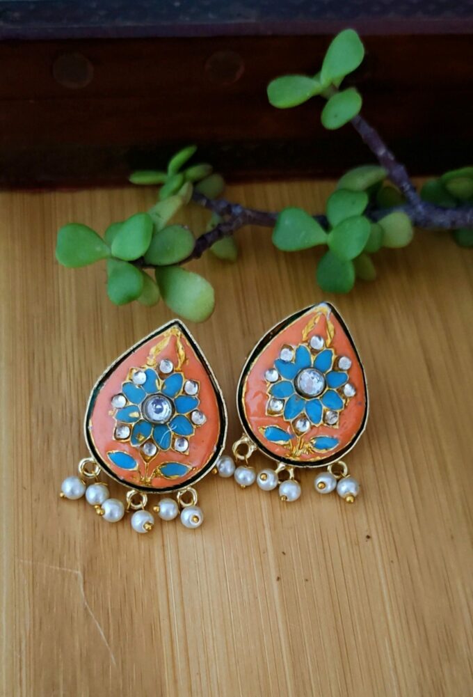 Hand Painted Studs with Kundan and Pearls