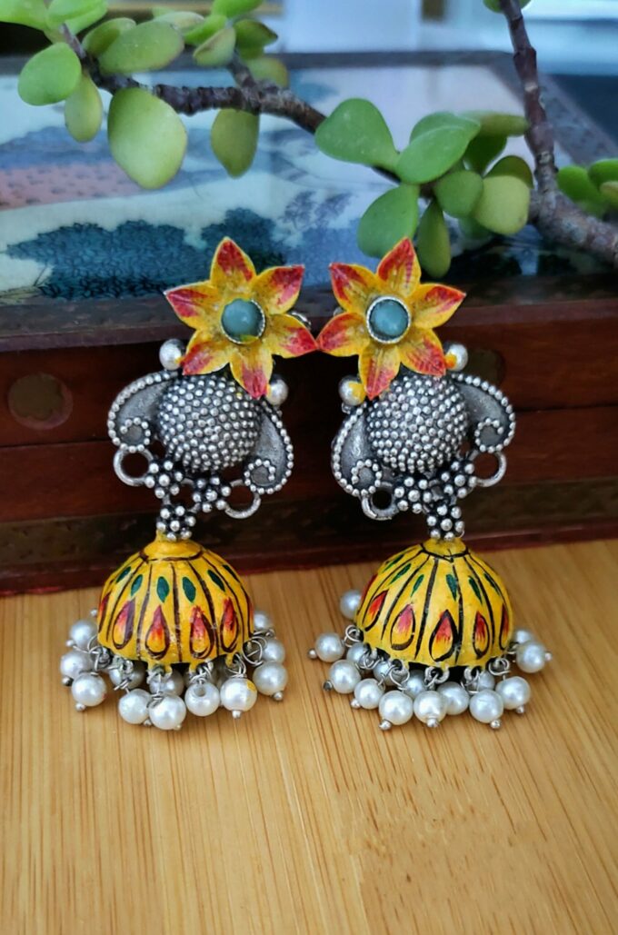 Hand Painted Silver Lookalike Multi  Coloured Jhumkis