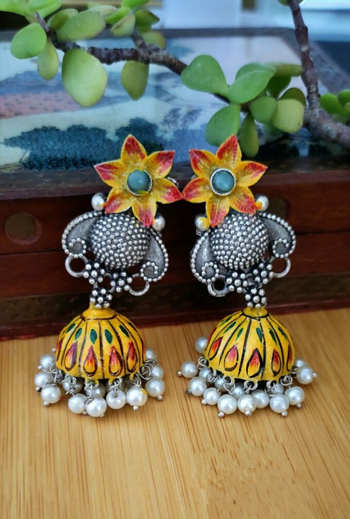 Hand Painted Silver Lookalike Multi  Coloured Jhumki