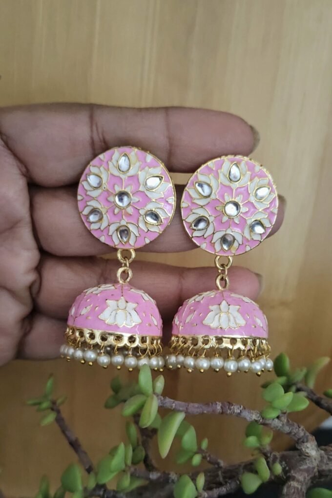 Hand Painted Jhumkis with Kundan and Pearls Copy