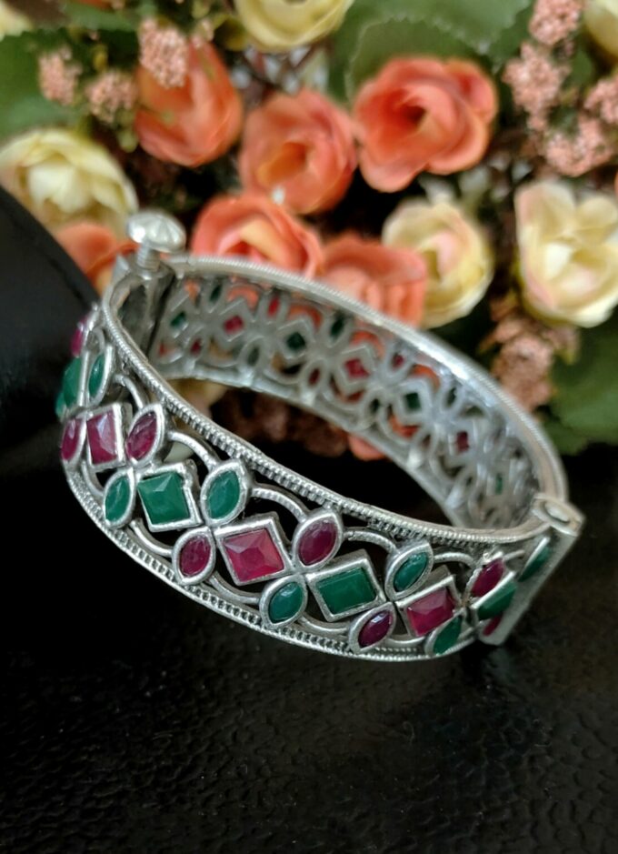 Silver Lookalike Kada with Multi Coloured Monalisa Stones ( Openable)